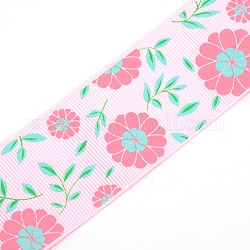 Flower Pattern Printed Polyester Grosgrain Ribbon, for Festival Decoration, Pink, 1-1/2 inch(38mm), about 100yards/roll(91.44m/roll)