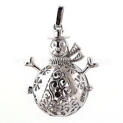 Rack Plating Brass Cage Pendants, For Chime Ball Pendant Necklaces Making, Hollow Christmas Snowman, Platinum, 46x35x21mm, Hole: 3x6mm, inner measure: 22mm