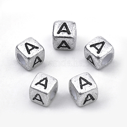Chapado perlas de acrílico, agujero horizontal, cubo con la letra, plata antigua, letter.a, 6mm, agujero: 3 mm, aproximamente 3000 unidades / 500 g