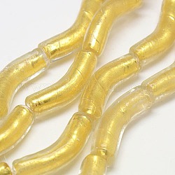 Abalorios del tubo toque artesanal en forma de lámina de oro lampwork hebras, amarillo, 38x10mm, agujero: 2 mm, aproximamente 6 pcs / cadena, 8.66 pulgada