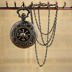 Retro Alloy Flat Round Pendant Pocket Watches, Quartz Watch, with Iron Chain and Lobster Claw Clasps, Antique Bronze, 31.4 inch, Watch Head: 67x47x25mm