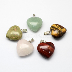 Heart Natural & Synthetic Mixed Stone Pendants with Brass Clasps, Platinum Metal Color, Mixed Color, 33x30x14mm, Hole: 10x4mm