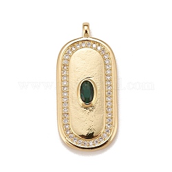 Brass Micro Pave Cubic Zirconia Pendants, Real 18K Gold Plated, Lead Free & Cadmium Free, Oval, Dark Green, 28x13x3.5mm, Hole: 2mm