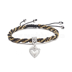 Bracelet perles tressées cordon métallique avec breloque mot love et coeur pour femme, noir, diamètre intérieur: 2-1/8~3-1/4 pouce (5.5~8.1 cm)
