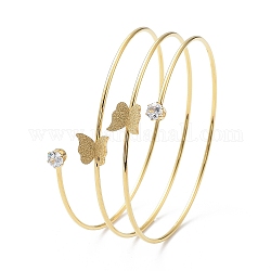 Placcatura ionica (ip) 304 braccialetto avvolgente in filo metallico a triplo anello in acciaio inossidabile, bracciale rigido a forma di farfalla con zirconi trasparenti, oro, diametro interno: 2-1/2 pollice (6.25 cm)
