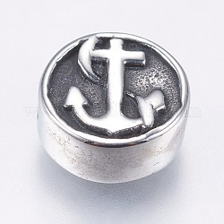 304 Stainless Steel Beads, Flat Round with Helm and Anchor, Antique Silver, 10.5x4.5mm, Hole: 1.5mm