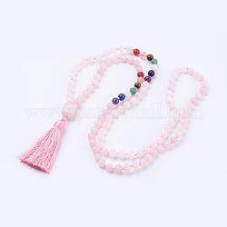 Natural Rose Quartz Tassel Pendant Necklaces, with Gemstone Beads, Chakra Necklaces, 40.5 inch(103cm)