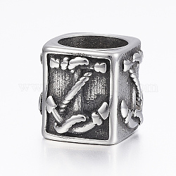 304 Stainless Steel Large Hole Beads, Cuboid, Antique Silver, 11.5x12x12.5mm, Hole: 8.5mm