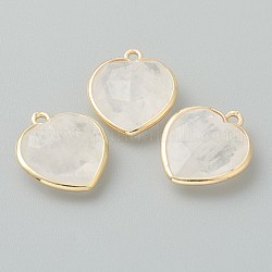 Pendentifs de cristal de quartz naturel, pendentifs en cristal de roche, avec bord en laiton doré, facette, cœur, 19x16.5x6~6.5mm, Trou: 1.6mm