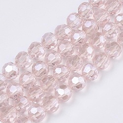 Faceted(32 Facets) Electroplate Glass Bead Strands, Pearl Luster Plated, Round, Pink, 8x7mm, 67~69pcs/strand, 19.29~19.69 inch