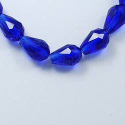 Glass Beads Strands, Faceted, teardrop, Blue, 15x10mm, Hole: 2mm, about 48pcs/strand, 27.56 inch(70cm)