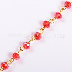 Chaînes de perles en rondelles en verre manuelles pour fabrication de colliers et bracelets, avec épingle à œil en fer doré, non soudée, rouge, 39.3 pouce, perles de verre: 6x4 mm