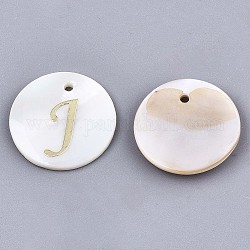 Natural Freshwater Shell Pendants, with Golden Plated Brass Etched Metal Embellishments, Flat Round with Letter, Letter.J, 15x2mm, Hole: 1.2mm