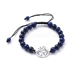 Unisex Adjustable Natural Lapis Lazuli Braided Bead Bracelets, with Alloy Links and Nylon Cord, World Map, 2-1/8 inch~4 inch(5.3~10.3cm)