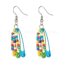 Glass Seed Beaded Safety Pins Long Dangle Earrings, Beads Chandelier Earrings for Women, Colorful, 52mm, Pin: 0.6mm