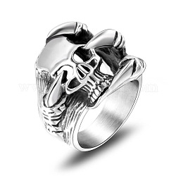 チタン鋼の頭蓋骨と爪の指輪  男性女性のためのゴシックパンクジュエリー  ステンレス鋼色  usサイズ11（20.6mm）