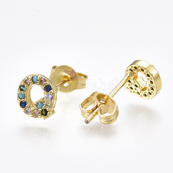 (Jewelry Parties Factory Sale)Brass Micro Pave Cubic Zirconia Ear Studs, Alphabet, Real 18K Gold Plated, Letter.Q, 7X6x2mm, Pin: 0.7mm
