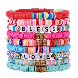 Love Bless Stretch-Armbandsets für Teenager-Mädchen Frauen, handgefertigte Armbänder aus Fimo & Messing & Acrylperlen, Mischfarbe, Innendurchmesser: 2-1/8 Zoll (5.3 cm), 9 Stück / Set