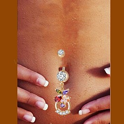 Piercing Jewelry, Brass Cubic Zirconia Navel Ring, Belly Rings, with Surgical Stainless Steel Bar, Cadmium Free & Lead Free, Real 18K Gold Plated, Flower Basket, Colorful, 41x12mm, Bar: 15 Gauge(1.5mm), Bar Length: 3/8