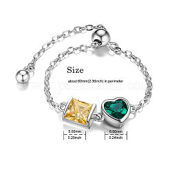 Shegrace cadena ajustable para anillo de dedo de plata de ley chapada en rodio, con aaa circonio cúbico, corazón verde y cuadrado amarillo, Platino, 925mm