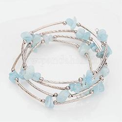 Four Loops Natural Aquamarine Beaded Wrap Bracelets, with Brass Tube Beads and and Steel Memory Wire, Inner Diameter: 2-1/4 inch(5.6cm)