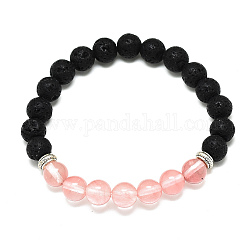 Cerise perles de verre de quartz étirent les bracelets, avec des perles de pierre de lave synthétique et des perles en alliage, ronde, diamètre intérieur: 2-1/8 pouces (5.5 cm), perles: 8.5 mm