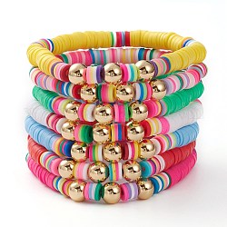 7pcs Regenbogen-Fimo-Heishi-Perlen-Stretch-Armbänder-Set, stapelbare Armbänder, mit goldbeschichteten runden Messingperlen, Mischfarbe, Innendurchmesser: 2-1/8 Zoll (5.4 cm)