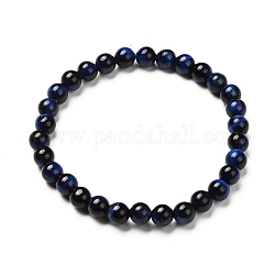 Dyed & Heated Natural Tiger Eye Round Beads Stretch Bracelets, Prussian Blue, Inner Diameter: 2-1/8 inch(5.4cm)