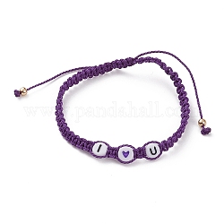 Bracelets de perles tressées en cordon de polyester ciré réglable, avec des perles rondes plates en émail acrylique et des perles rondes en laiton, mot je t'aime, or, violet, diamètre intérieur: 2-1/8~4-1/8 pouce (5.4~10.3 cm)