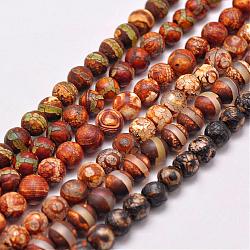 Natural Tibetan Style dZi Beads Strands, Dyed & Heated, Matte Style, Round, Mixed Patterns, about 6mm, Hole: 2mm, about 32pcs/strand, 6.9 inch