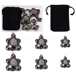Pandahall 6pcs 3 styles pendentifs en hématite non magnétiques, breloques de tortue, avec des boucles de fer de ton platine et des sacs à cordon en tissu de velours 6pcs, noir, pendentif: 21~40x13.5~30.5x7~10.5 mm, Trou: 2~2.5mm, 2 pièces / style