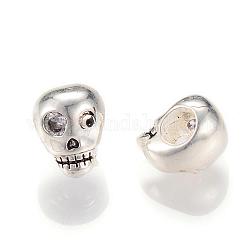 Brass European Beads, Large Hole Beads, with Cubic Zirconia Beads, Skull, Antique Silver, 9x8x7.5mm, Hole: 4mm