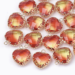 Pendentifs en verre K9, imitation de tourmaline, avec les accessoires en laiton de tonalité d'or, facette, cœur, rouge, 20x16.5x8mm, Trou: 2mm