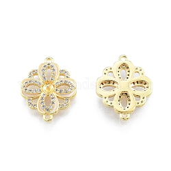 Ion Plating(IP) Brass Micro Pave Clear Cubic Zirconia Connector Charms, with Enamel, for Half Drilled Bead, Flower Link, Real 18K Gold Plated, 18x15x3mm, Hole: 1mm, Pin: 0.8mm