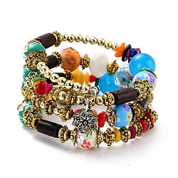 Bracelet boho multi-brins perles turquoises synthétiques irrégulières, bracelet à breloques fleurs, bracelet perles bois & fleurs rondes, bijoux ethniques pour femmes, Or antique, colorées, diamètre intérieur: 1-7/8 pouce (4.9 cm)