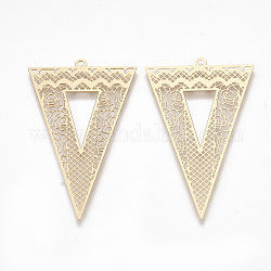 Brass Pendants, Etched Metal Embellishments, Triangle, Light Gold, 42x26x0.3mm, Hole: 1.5mm