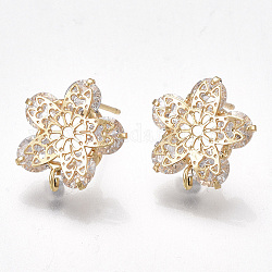 Brass Stud Earring Findings, with Cubic Zirconia and Loop, Nickel Free, Real 18K Gold Plated, Flower, Clear, 15.5x15mm, Hole: 1.8mm, Pin: 0.8mm