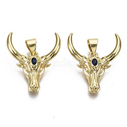 Brass Micro Pave Cubic Zirconia Pendants, with Brass Snap on Bails, Nickel Free, Cow, Prussian Blue, Real 16K Gold Plated, 21x18.5x5.5mm, Hole: 5x3mm