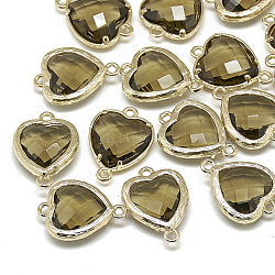 Connettori di collegamenti di vetro, con i risultati in ottone tono oro, sfaccettato, cuore, kaki scuro, 16x11.5x4.5mm, Foro: 1 mm