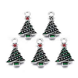 Noël pendentifs émail en alliage, Sans cadmium & sans nickel & sans plomb, platine, arbre de Noël, vert foncé, 21x13x3mm, Trou: 2mm