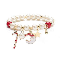 Bracelet extensible en perles de verre et jade mashan naturel, bracelet à breloques canne en bonbon de noël et père noël et étoile pour femme, rouge, diamètre intérieur: 2 pouce (5.2 cm)