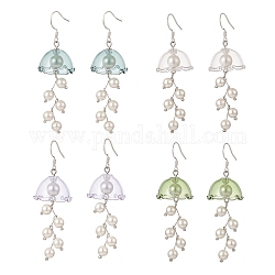 4 Paar 4-farbige Muschel-Perlen-Blumen-Windspiel-Ohrhänger, 304 Edelstahlschmuck für Damen, Mischfarbe, 68 mm, Stift: 0.6 mm, 1 Paar / Farbe