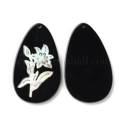 Opaque Flower Pattern Acrylic Pendants, with Shell, Black, Oval, 44x25.5x2.6mm, Hole: 1.6mm
