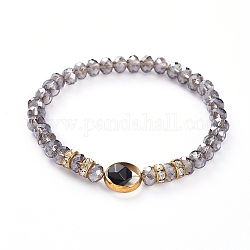 Bracelets extensibles en agate noire naturelle (teinte), avec perles de verre galvanisées et perles d'espacement en laiton strass, 2-1/8 pouce (54.5 mm)