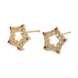 Boucles d'oreilles étoile creuse en zircone cubique, véritables bijoux en laiton plaqué 18k or véritable pour femmes, sans plomb et sans cadmium, support violet rouge, 13x14mm, pin: 0.8 mm