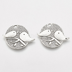 Tibetan Style Alloy Pendants, Flat Round with Bird, Cadmium Free & Lead Free, Antique Silver, 24.5x28x1.5mm, Hole: 2mm, about 370pcs/1000g