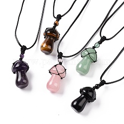 Natural Gemstone Mushroom Pendant Necklace, Wax Rope Macrame Pouch Braided Necklace for Women, 29.92 inch(76cm)