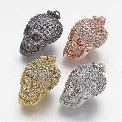Brass Micro Pave Cubic Zirconia Charms, Skull, Mixed Color, 10x11x15.5mm, Hole: 3mm