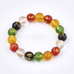Natürliche Achat Mala Perlen Armbänder, buddhistischen Schmuck, Stretch-Armbänder, Runde mit Om Mani Padme Hum, Farbig, 2-1/8 Zoll (5.5 cm)