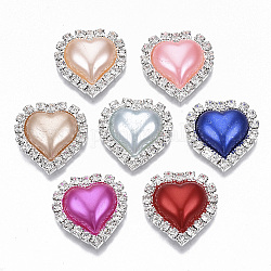 Cabochon in ottone, con strass di cristallo e perla imitazione plastica abs, cuore, argento, colore misto, 22.5x21.5x6mm
